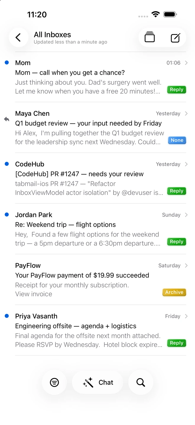 TabMail iOS inbox with suggested actions beside messages, including Reply, None, and Archive.