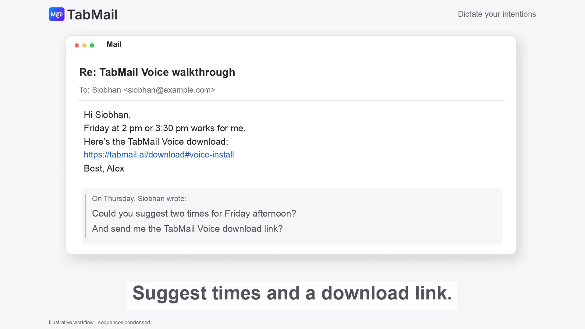 Suggested Friday meeting times and the TabMail download link appear above the quoted original email