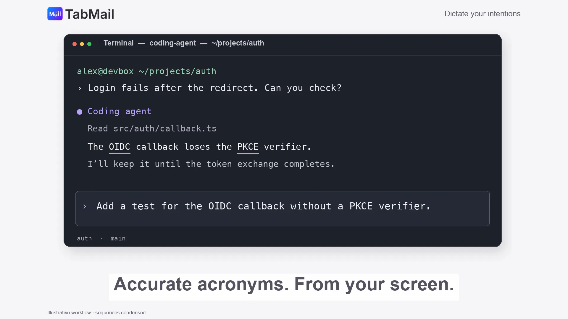 OIDC and PKCE are dictated correctly into a coding-agent terminal